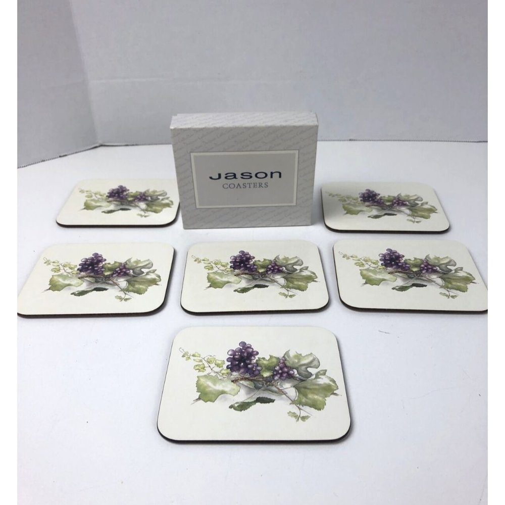 Vintage Jason Coasters 6 W/Box ~ New Zealand ~ Grapes Cork Back